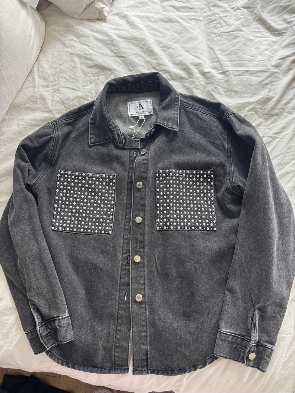 Washed Black Studded Button-Down Shirt Jacket